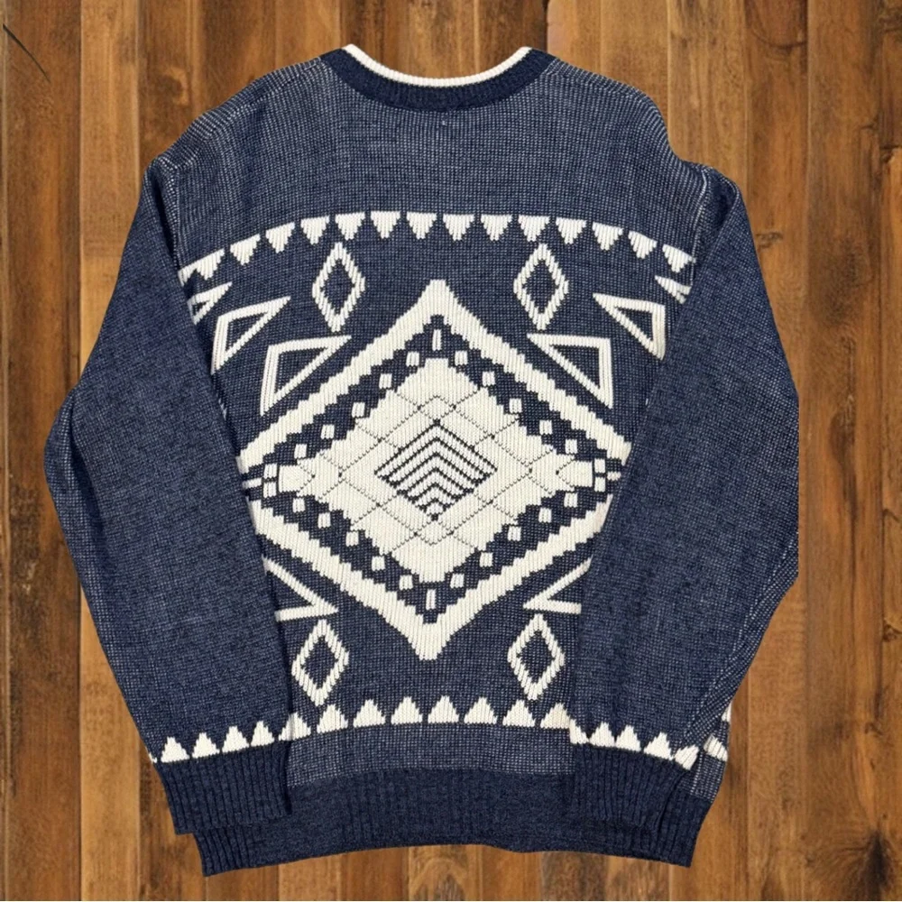 Vintage Serge Saint Yves Aztec Geometric Knit Sweater Navy Cream 80s 90s - Picture 2 of 9
